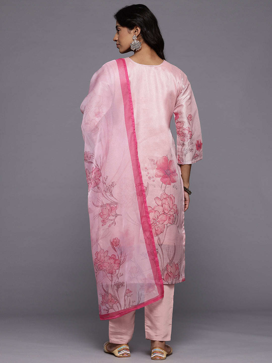 Dhiyona VR Women's Pink Silk Floral Printed Beads And Stones Embellished Kurta Set With Dupatta