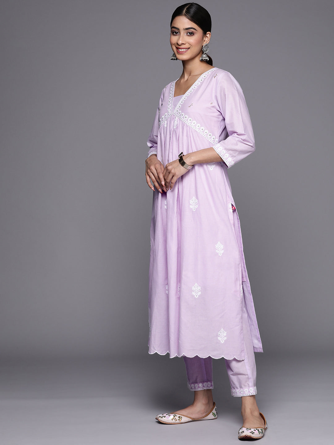 Dhiyona VR Women's Lavender Embroidered A-Line Empire Kurta Paired With Tonal Bottom And Tonal Embroidered Dupatta