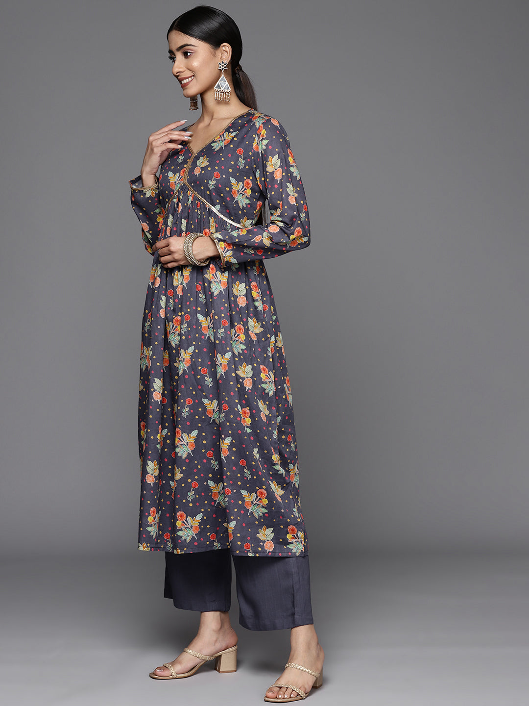 Dhiyona VR Women's Violet Sequin Embellished V-Neck A-Line Kurta Paired With Tonal Bottom Amd Dupatta