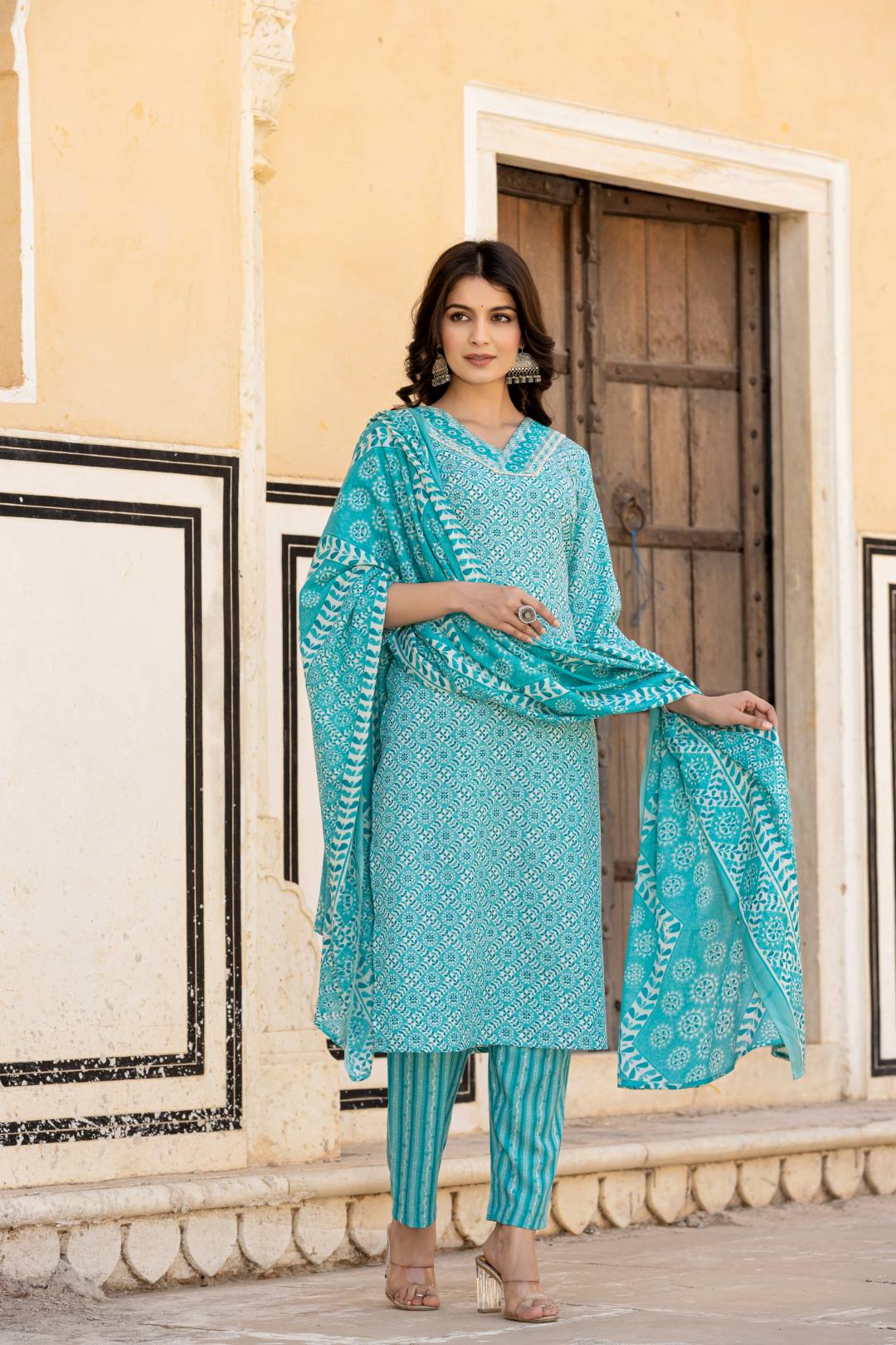 Dhiyona VR Women's Blue V Neck Thread Embroidered Kurta Paired With Printed Bottom And Dupatta