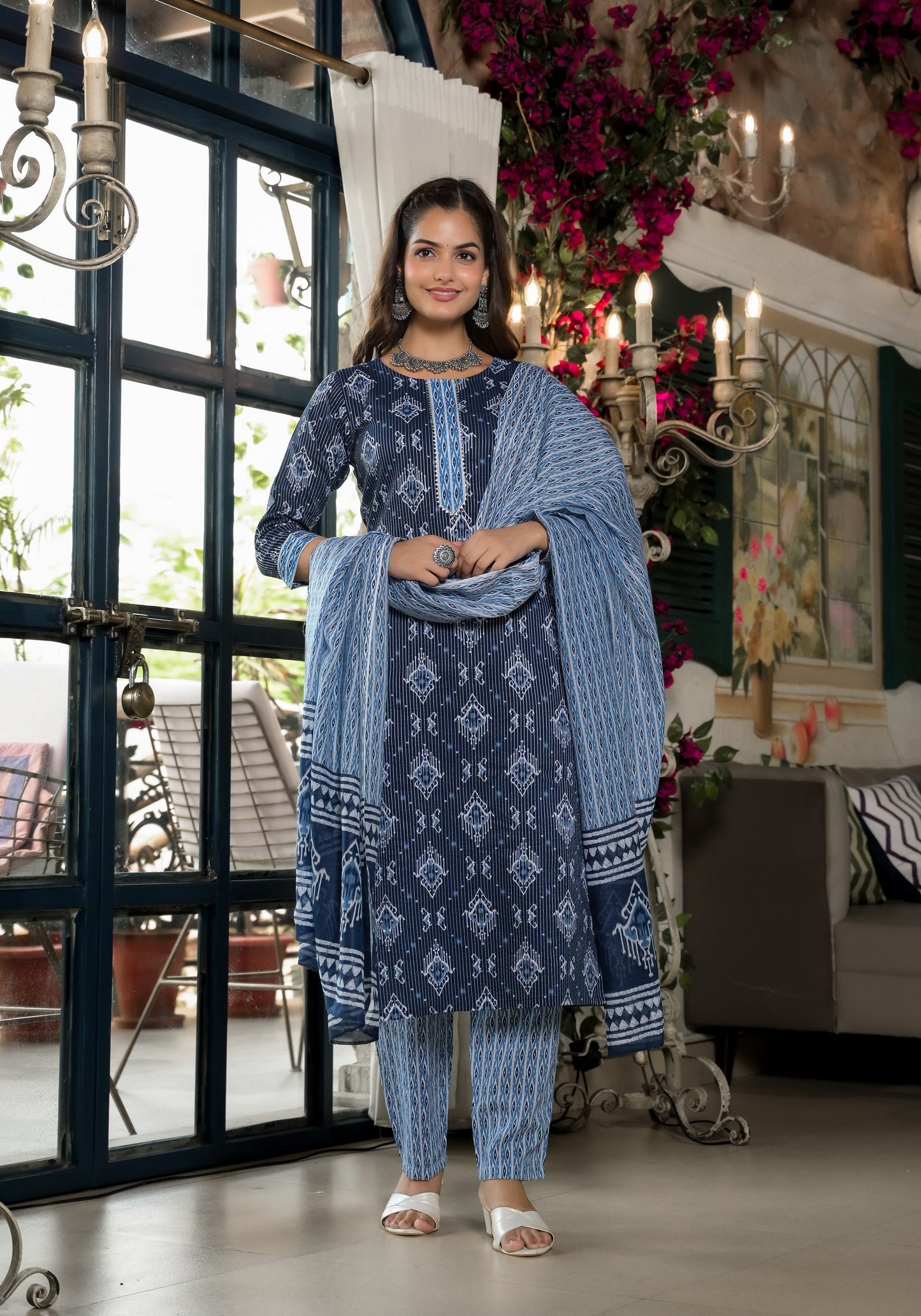 Women Blue Embroidery Viscose Rayon Kurta, Pant And Dupatta Set
