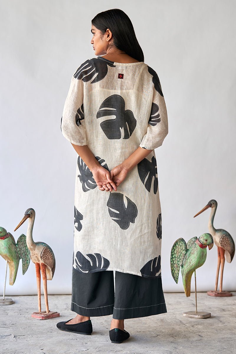 Women's Black and Tofu Leaf Printed Linen Co-ord Set
