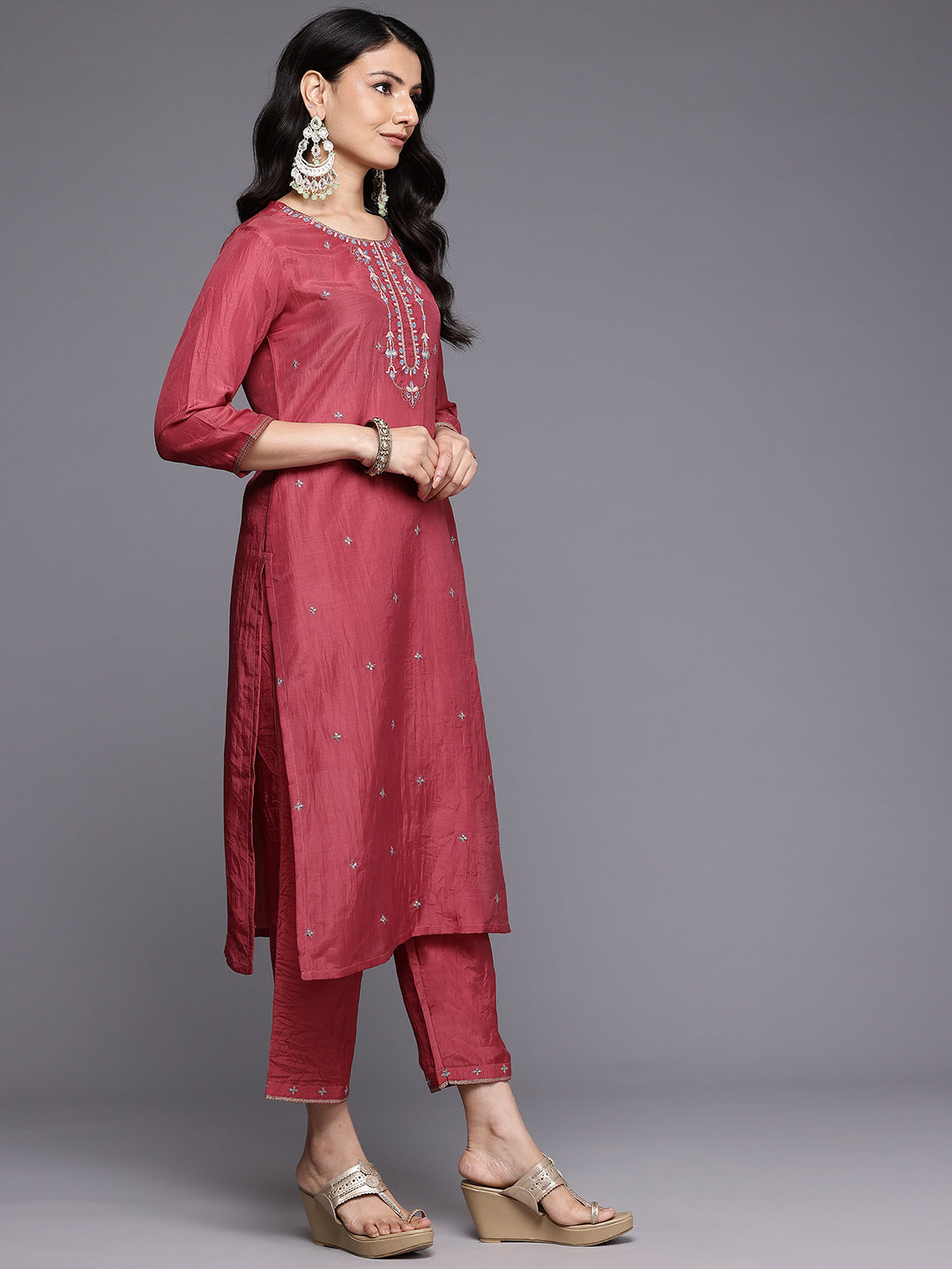 Dhiyona VR Women's Maroon Thread And Zari Embroidered Sequins Embellished Kurta Set With Dupatta