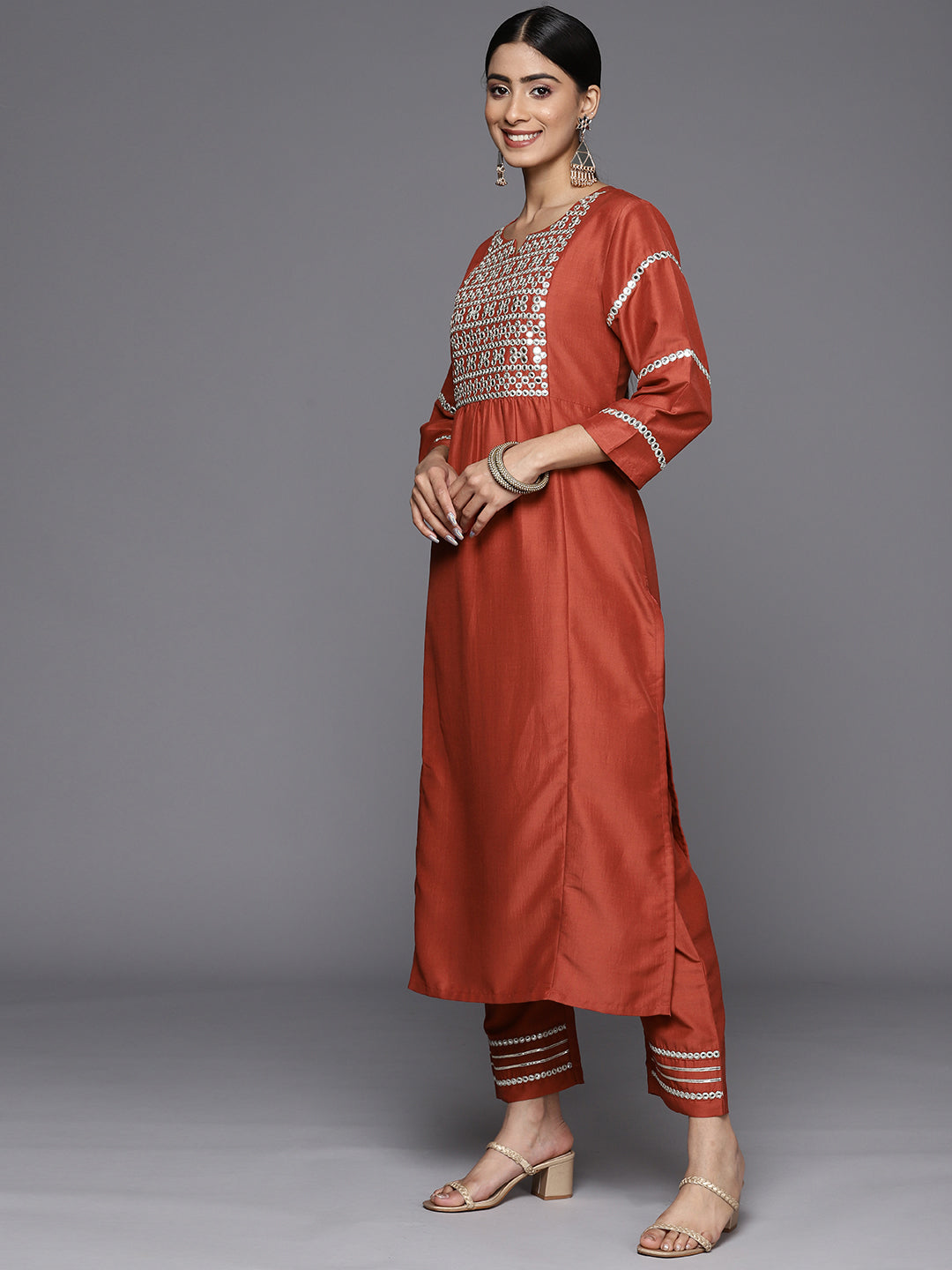 Dhiyona VR Women's Rust Mirror Work Yoke Embroidered Straight Kurta Paired With Tonal Bottom And Tonal Solid Dupatta With Four Side Fringes