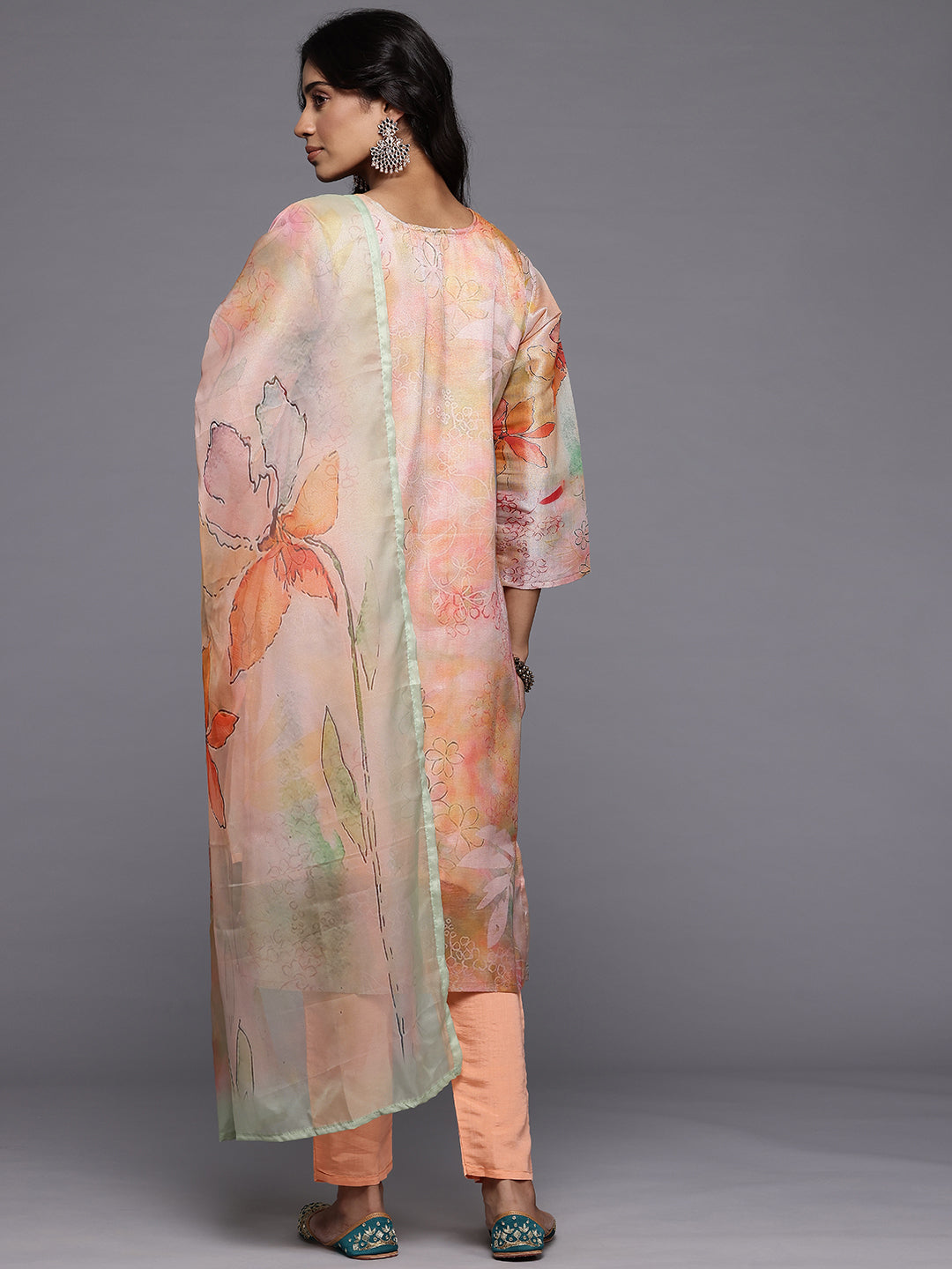 Dhiyona VR Women's Peach Silk Floral Printed Beads And Stones Embellished Kurta Set With Dupatta