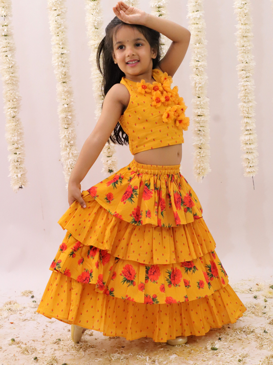 Genda Phool Mustard Choli and Lehanga Set For Girls
