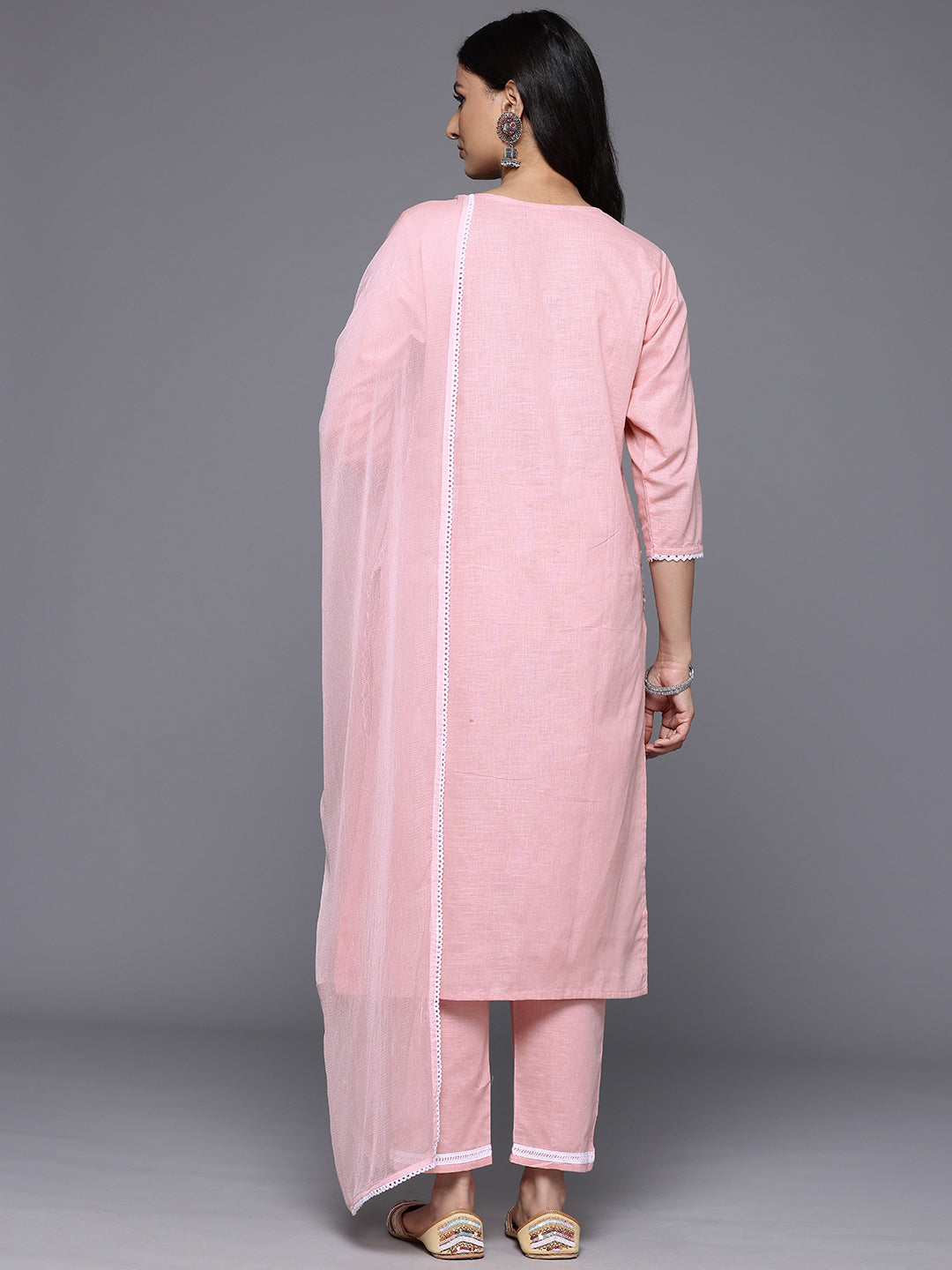 Dhiyona VR Women's Peach V Neck Chickankari Embroidered Kurta With Tonal Bottom And Chiffon Dupatta