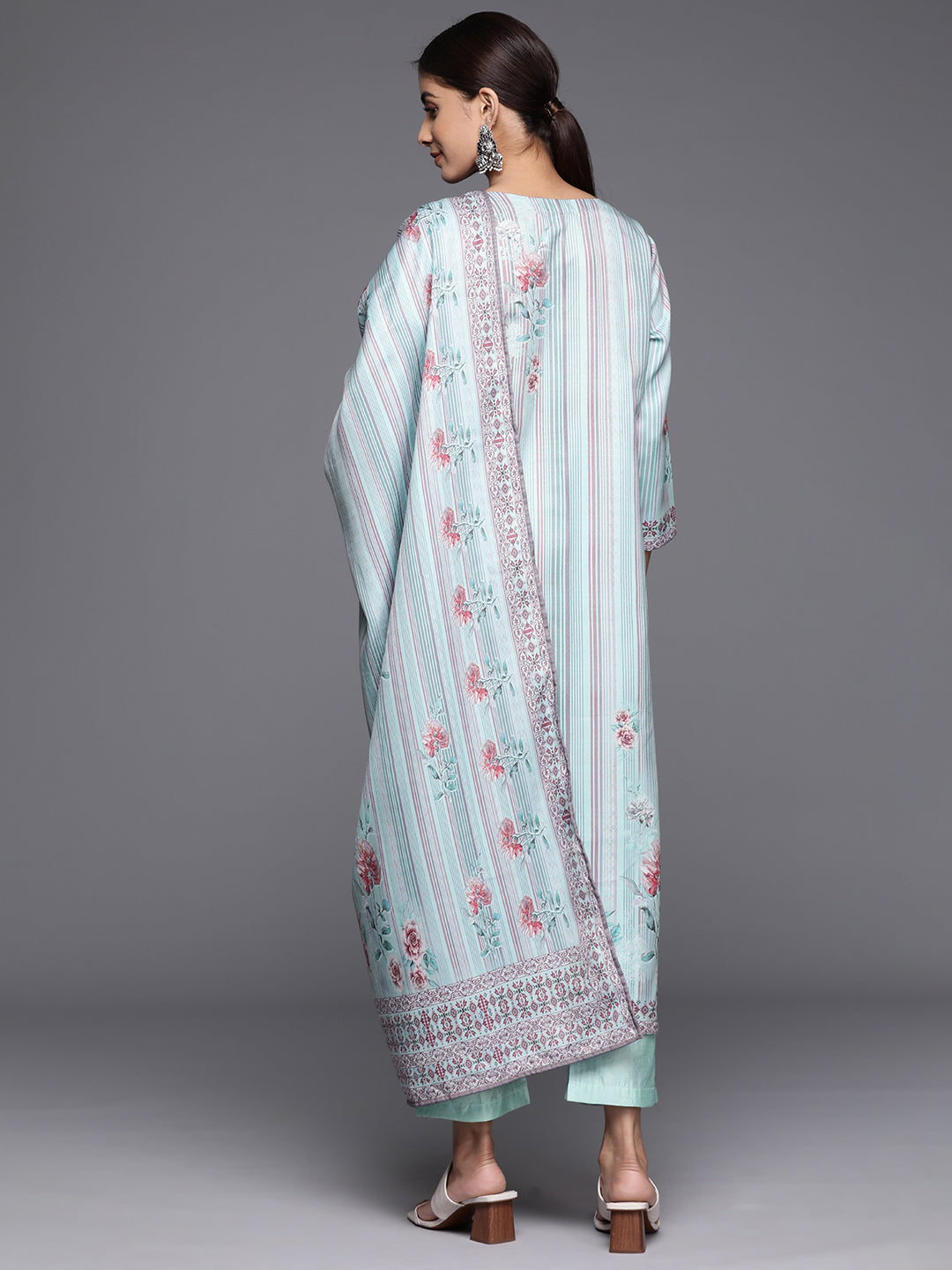 Dhiyona VR Women's Blue Stripe Printed Straight Kurta Paired With Tonal Bottom And Dupatta