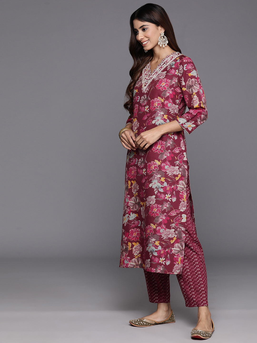Dhiyona VR Women's Maroon Floral Printed Embroidered Kurta Paired With Bottom And Dupatta
