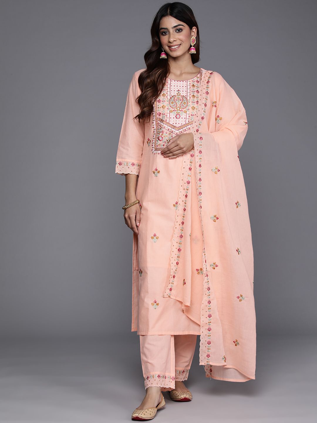 Dhiyona VA Women'sFloral Embroidered Sequinned Pure Cotton Kurta with Trousers & Dupatta