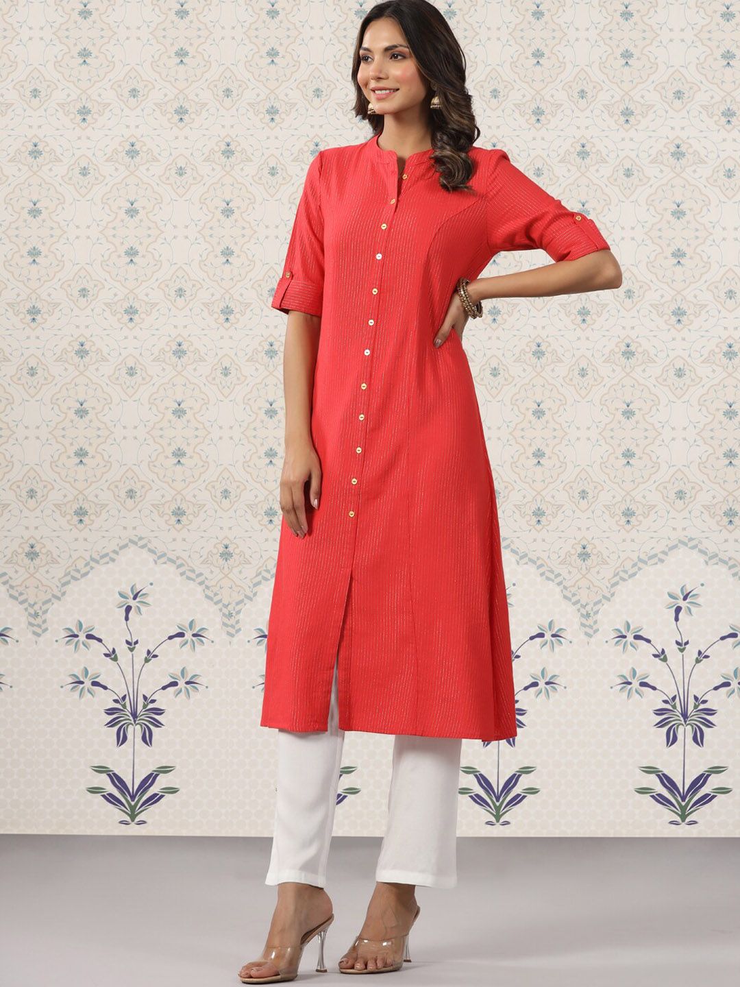 Dhiyona OD Striped Mandarin Collar Roll Up Sleeves Kurta with Palazzos