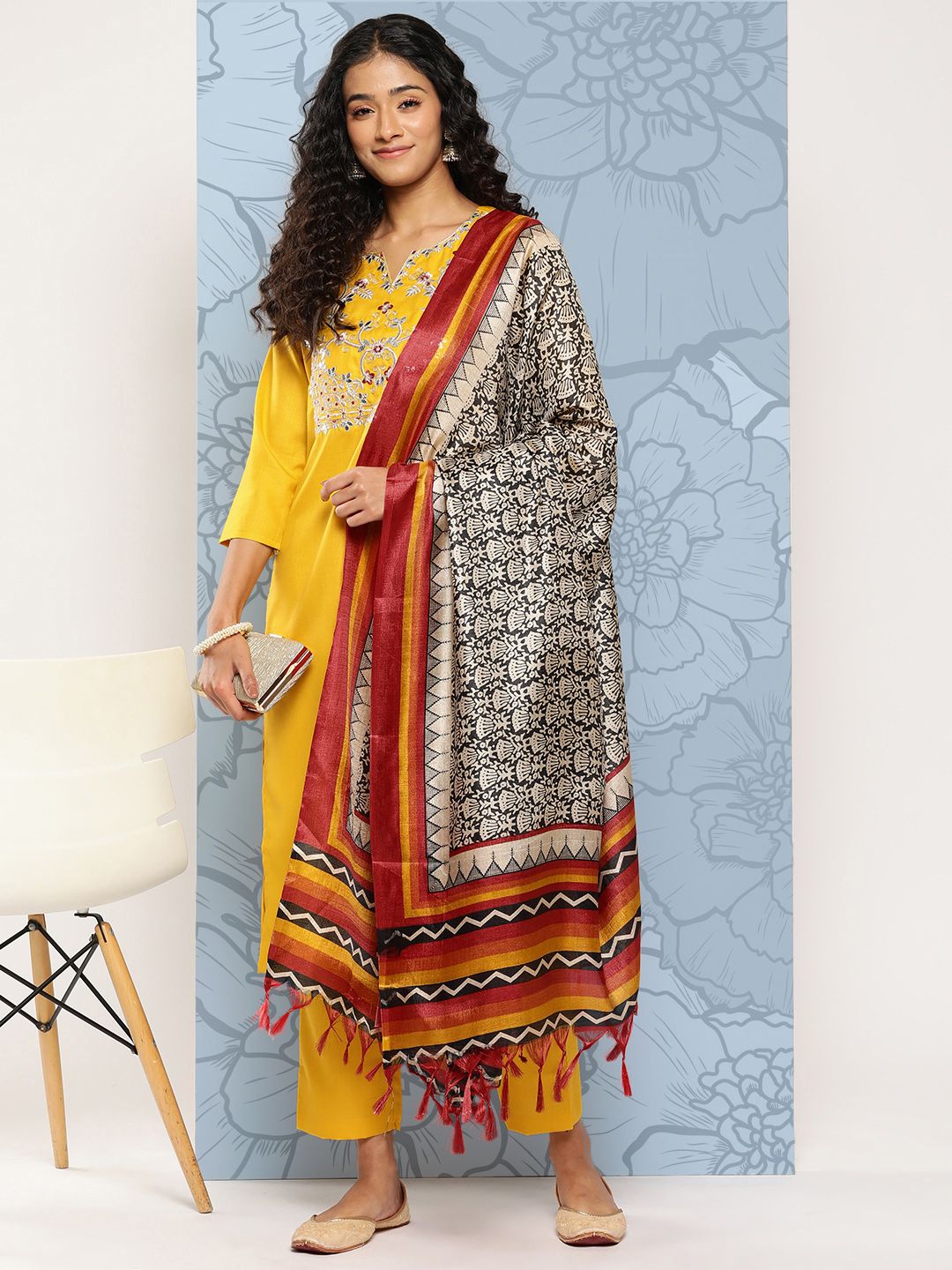 Dhiyona VA Women's Floral Embroidered Regular Gotta Patti Kurta with Trousers & With Dupatta
