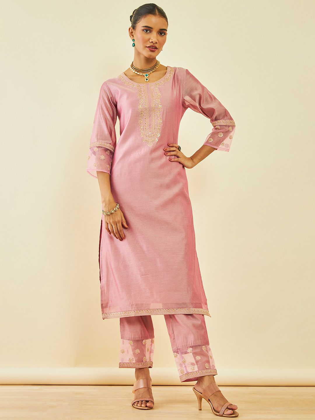 Dhiyona SO Women's Ethnic Motifs Embroidered Round Neck Straight Kurta With Trousers & Dupatta