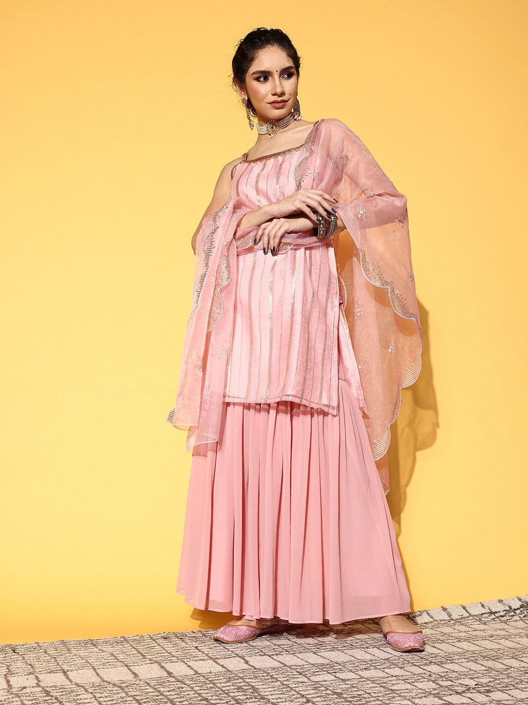Dhiyona VA Women's Peach-Coloured Striped Kurta with Sharara & Dupatta