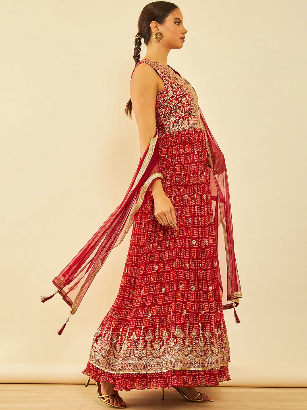 Dhiyona SO Women's Maroon Bandhani Printed Thread Work Georgette Anarkali Kurta & Churidar With dupatta