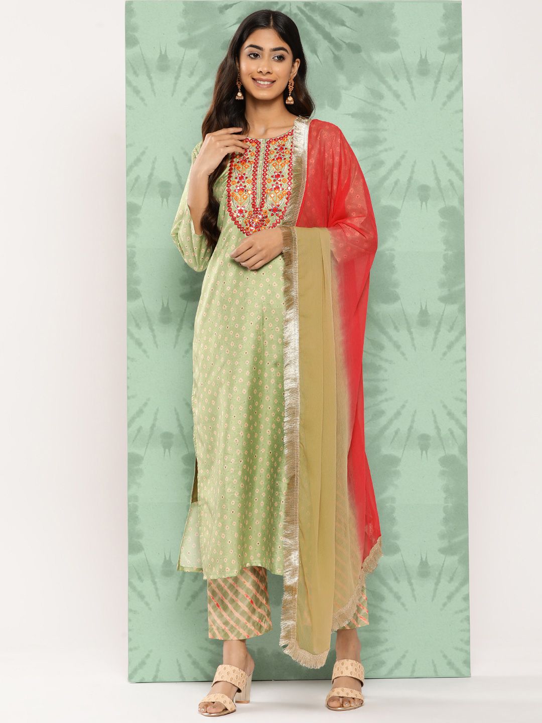 Dhiyona VA Women's Ethnic Motifs Embroidered Mirror Work Kurta with Trousers & With Dupatta