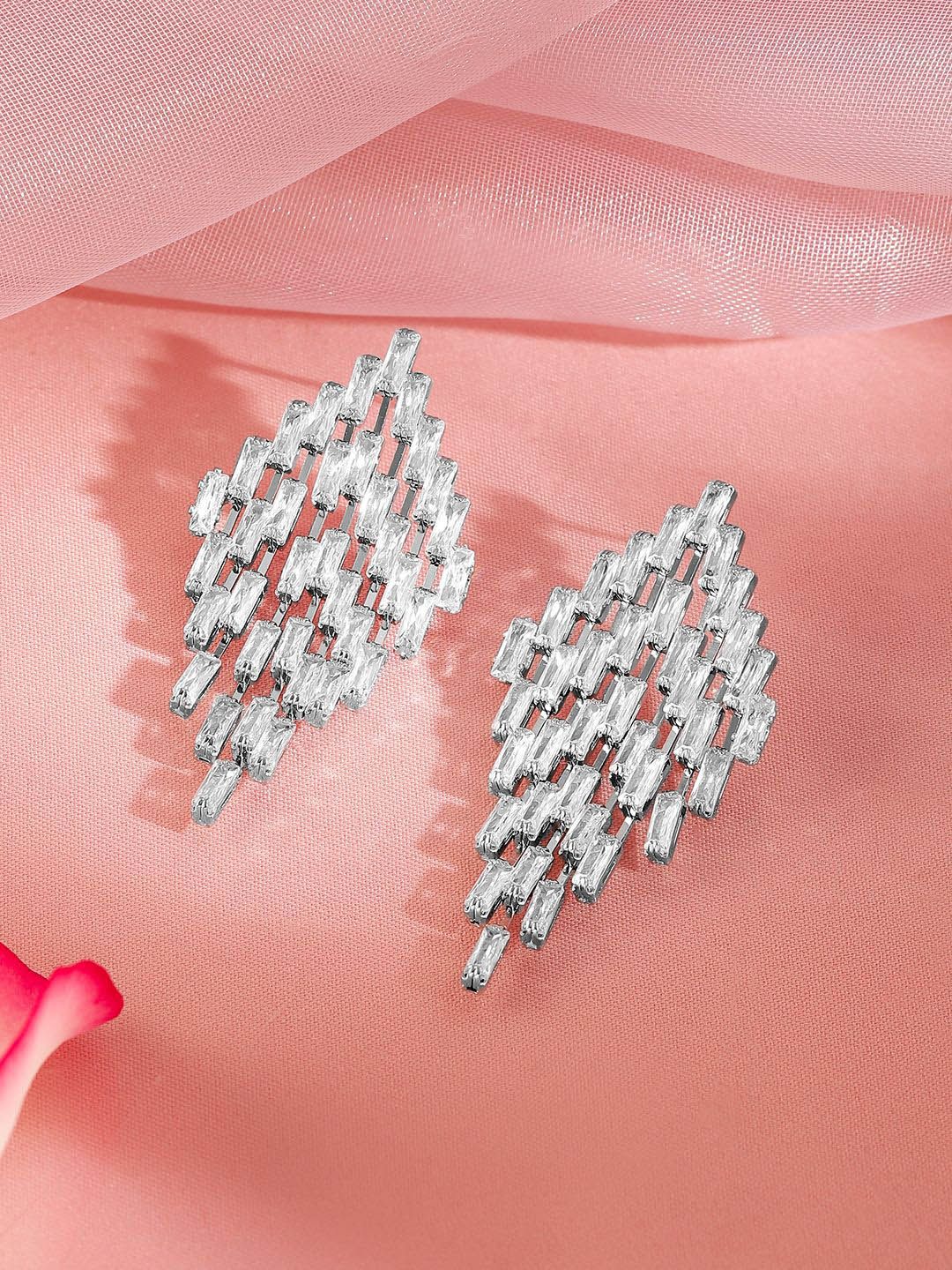 Dhiyona RJ Women's Rhodium-Plated Cubic Zirconia Studded Diamond-Shaped Drop Earrings