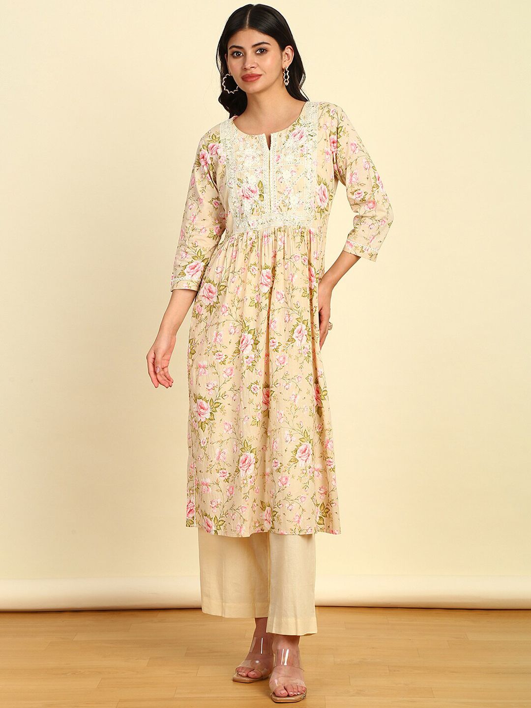 Dhiyona SO Women's Floral Printed Pleated Thread Work Kurta with Palazzo & Dupatta