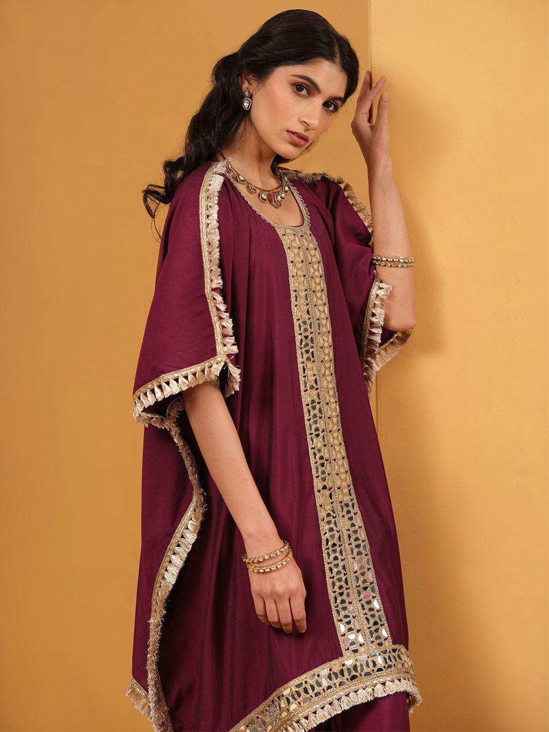 Dhiyona IS Women's Women Woven Design Embroidered Kaftan Kurta with Trousers