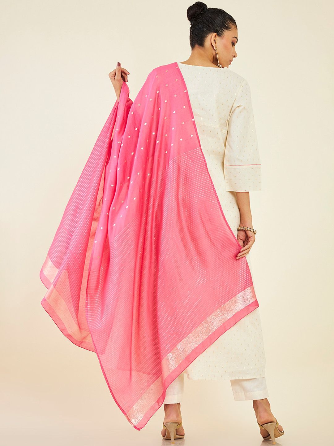 Dhiyona SO Women's Alina Cut Floral Embroidered Front Slit A-Line Pure Cotton Kurta with Trousers & Dupatta