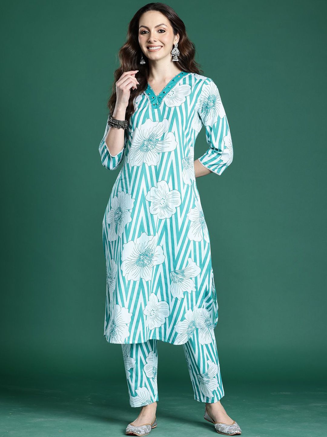 Dhiyona IE Printed Pure Cotton Top With Trousers Co-Ords