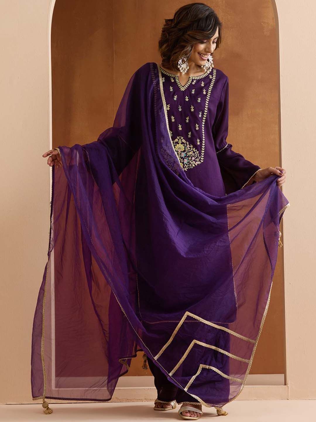 Dhiyona IS Women's Floral Embroidered Yoke Design Notch Neck Kurta With Palazzos And Dupatta