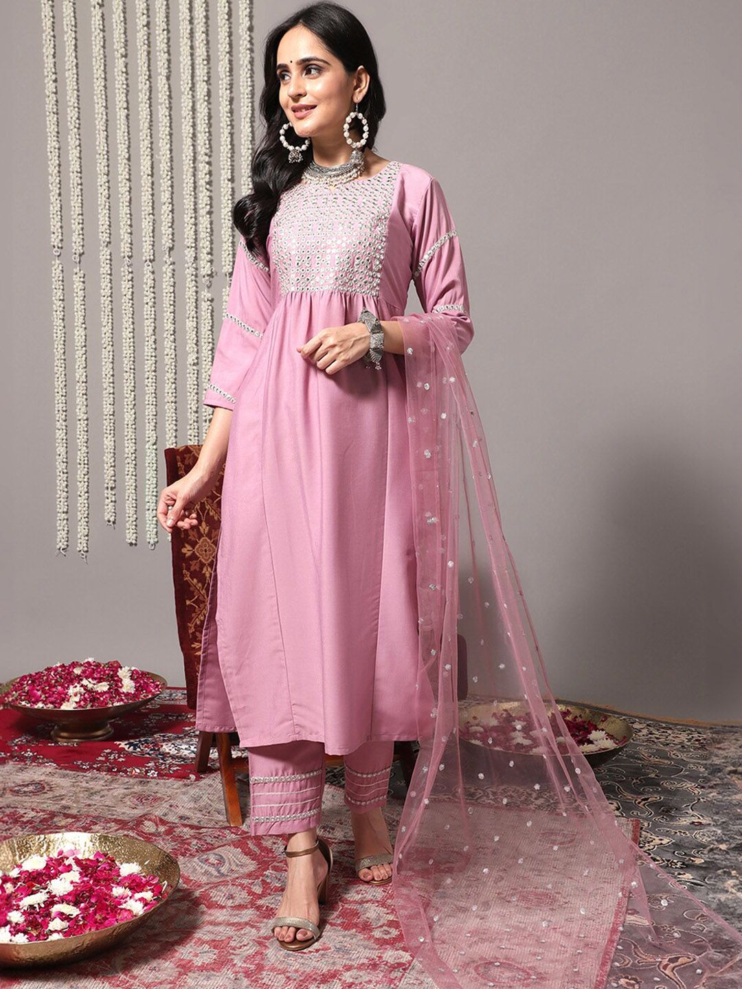 Dhiyona VA Women'sEthnic Motifs Yoke Design Mirror Work Straight Kurta With Trousers & Dupatta
