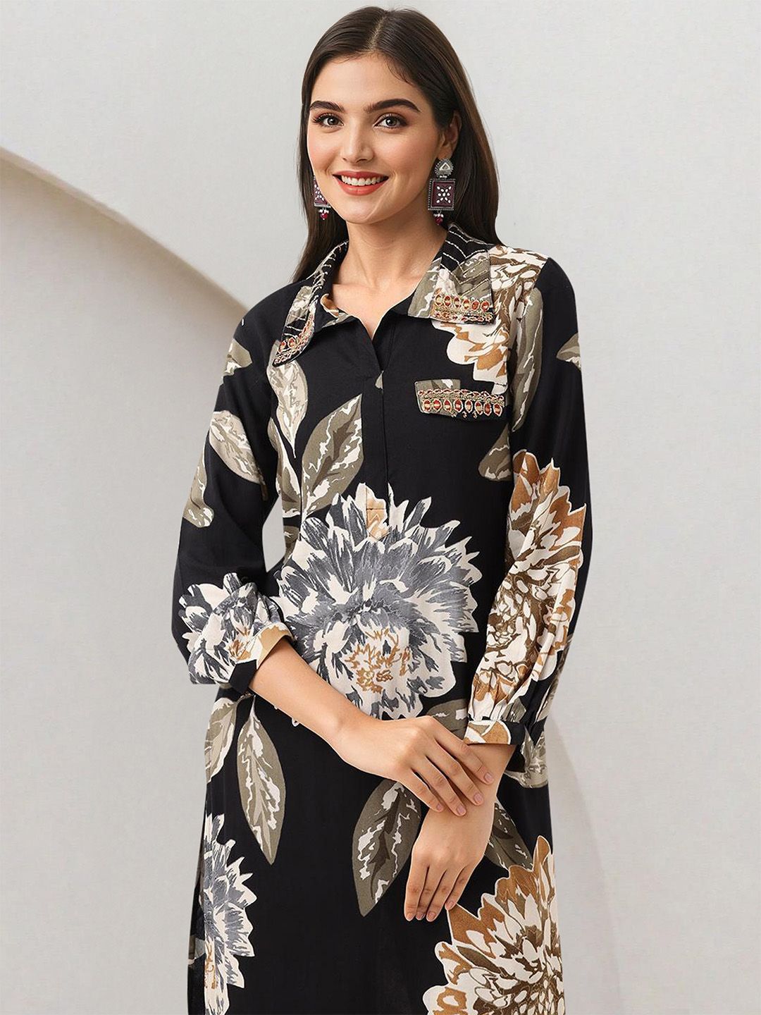Dhiyona IS Women's Floral Printed Shirt Collar Straight Kurta With Salwar