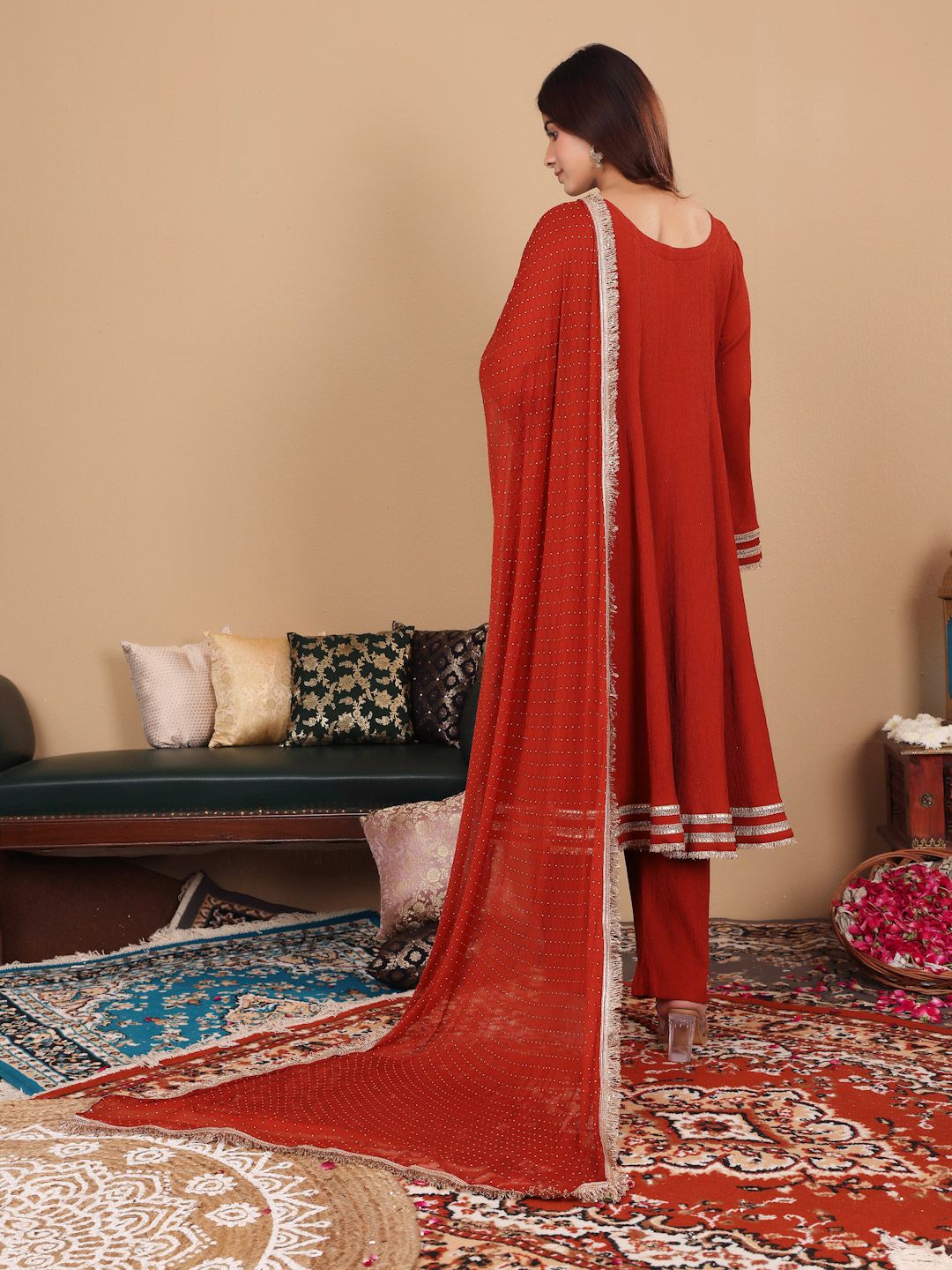 Dhiyona VA Women'sSequinned Silk Crepe Anarkali Kurta with Trousers & With Dupatta