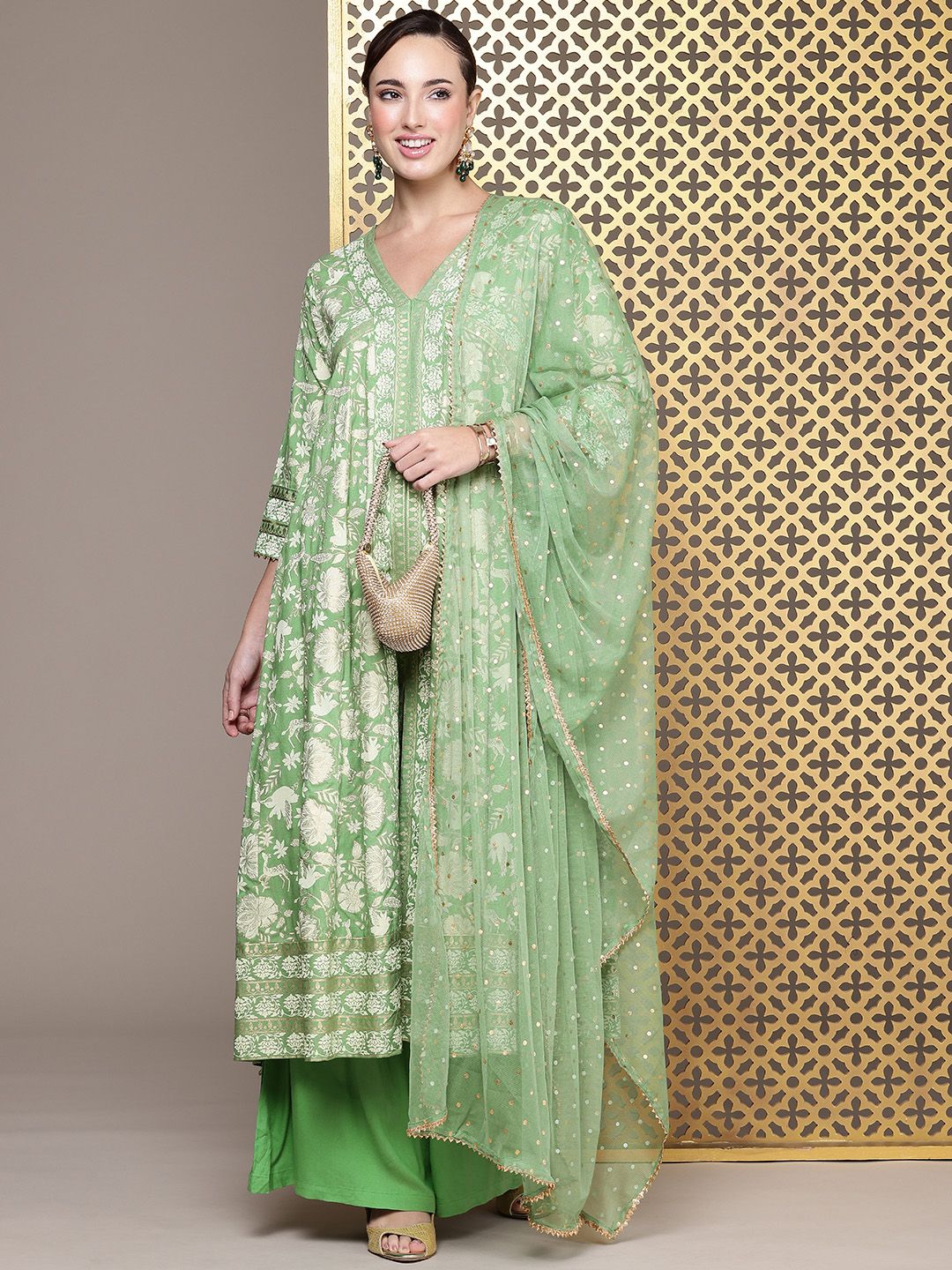 Dhiyona PD Women Jashn Ethnic Floral Foil Printed A-Line Kurta With Palazzos & Dupatta