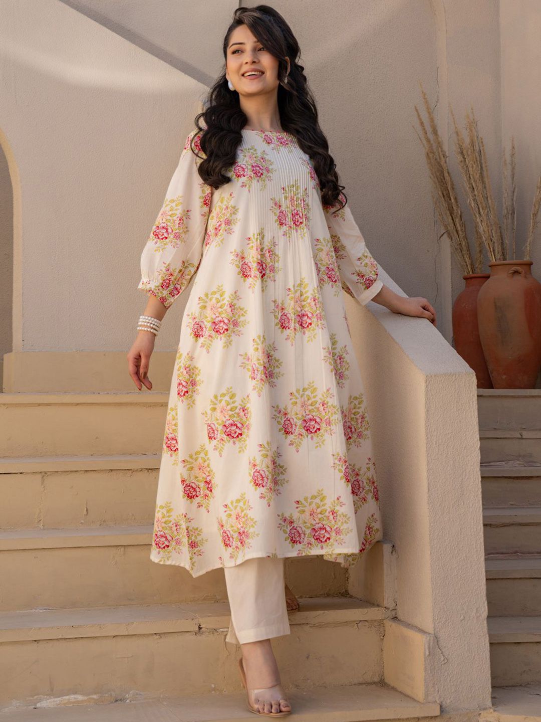 Dhiyona IE Floral Printed A Line Pure Cotton Kurta With Trousers