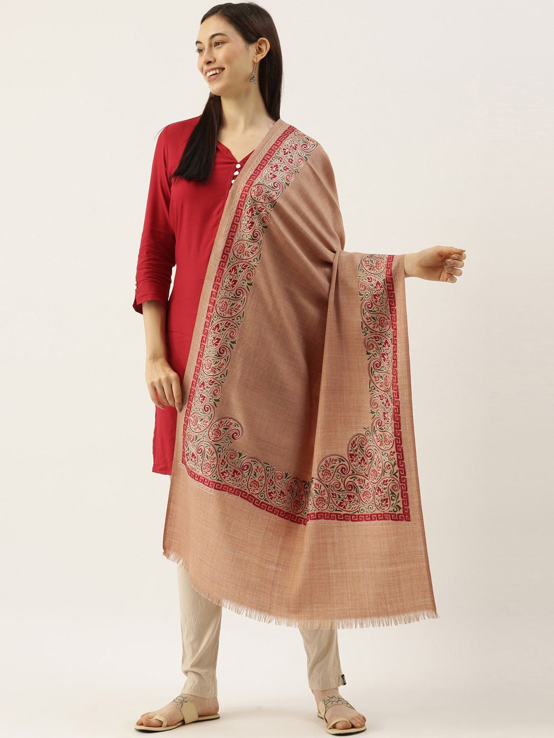 Dhiyona PA Women Beige & Red Embroidered Pure Wool Shawl