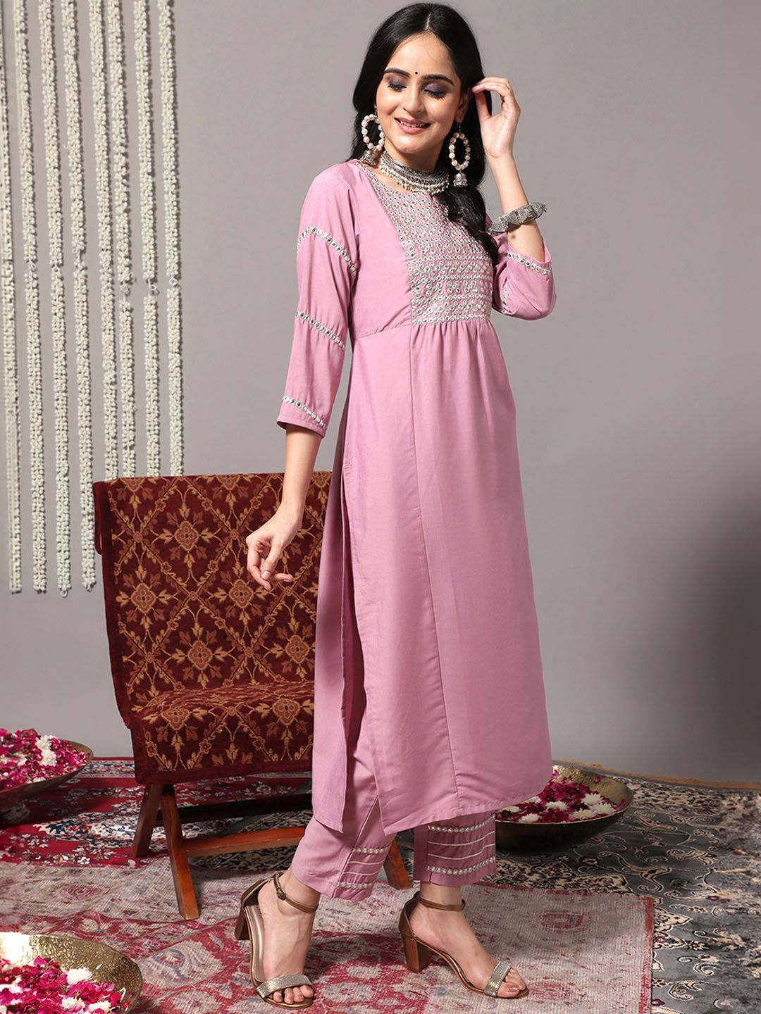 Dhiyona VA Women's Pink & Silver-Toned Yoke Design Kurta with Palazzos & Dupatta