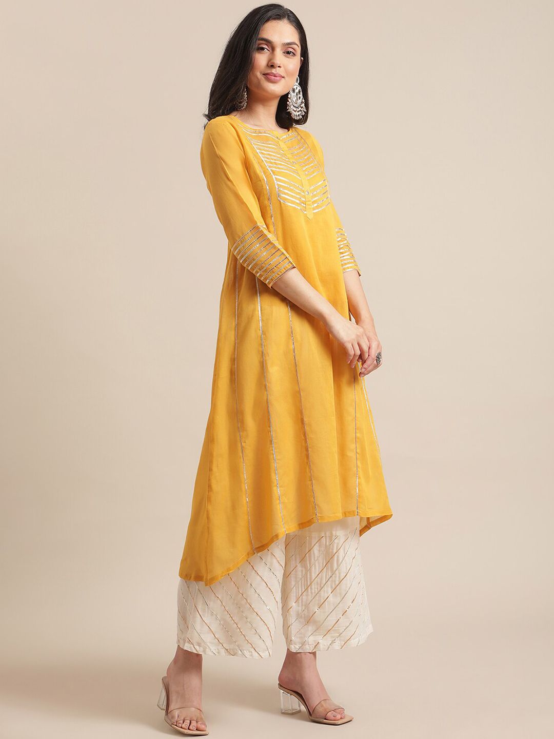 Dhiyona VA Women's Mustard Yellow Panelled Gotta Patti Pure Cotton Kurta with Trousers
