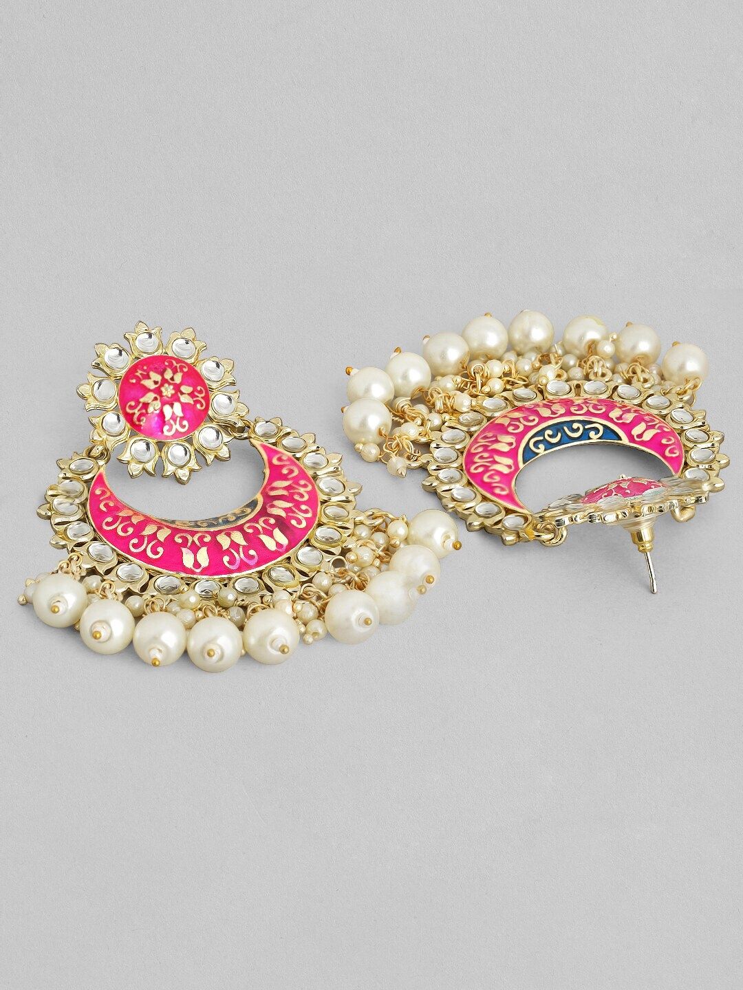 Dhiyona RJ Women's Pink Gold-Plated Stone-Studded & Beaded Crescent Shaped Meenakari Chandbalis