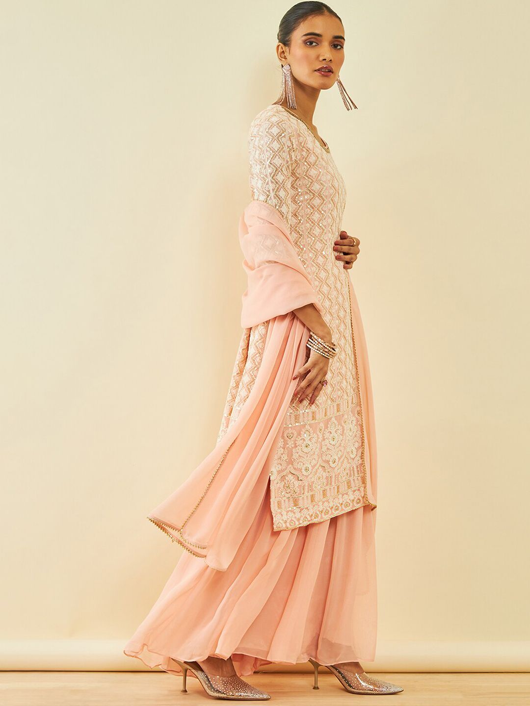 Dhiyona SO Women's Ethnic Motifs Embroidered Sequinned Kurta With Sharara & Dupatta