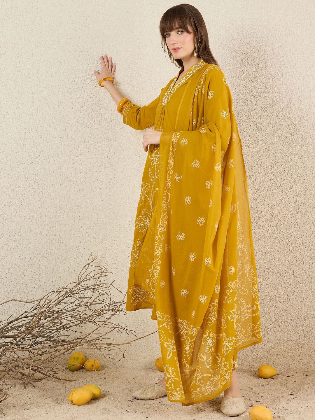 Dhiyona IE Women Solid Embroidered Cotton Kurta with Trousers & Dupatta