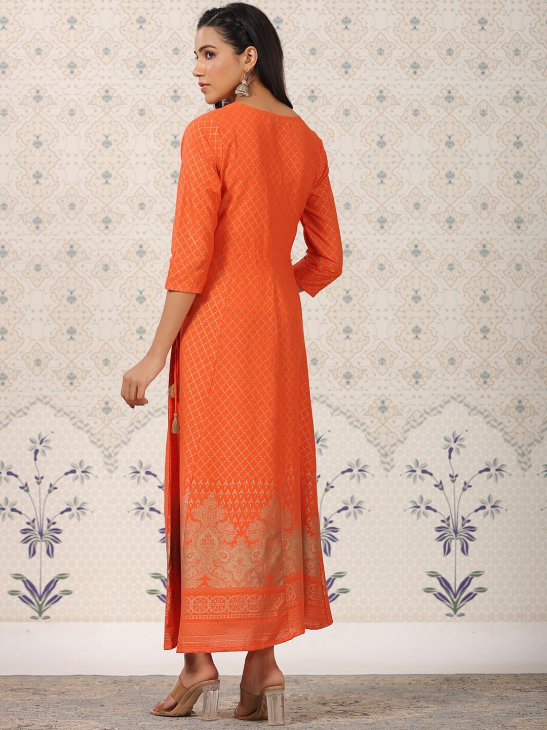 Dhiyona OD Orange Coloured Ethnic Motifs Woven Design Anarkali Kurta