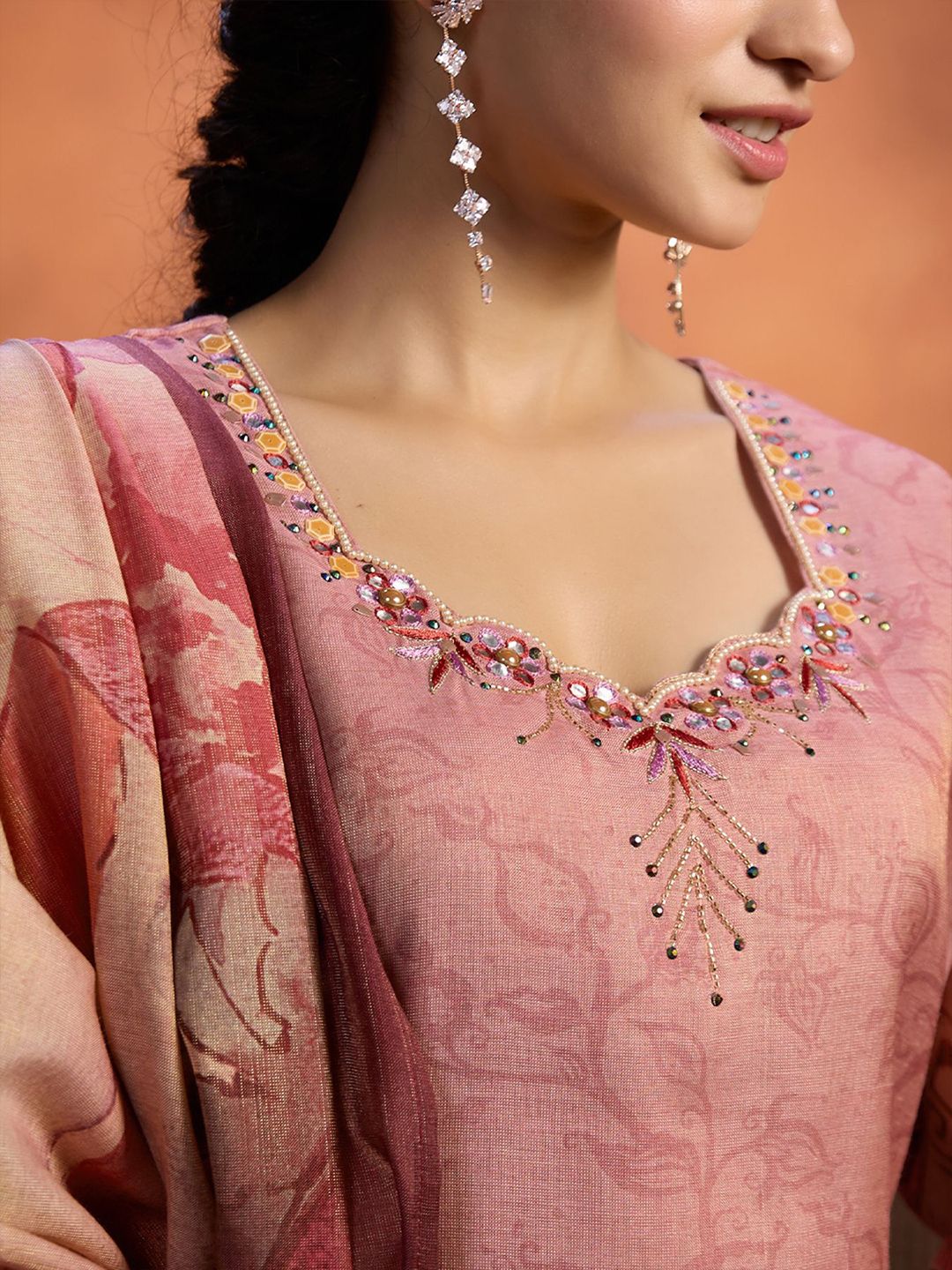 Dhiyona WP Floral Printed Straight Beads & Stones Kurta with Trousers & Dupatta
