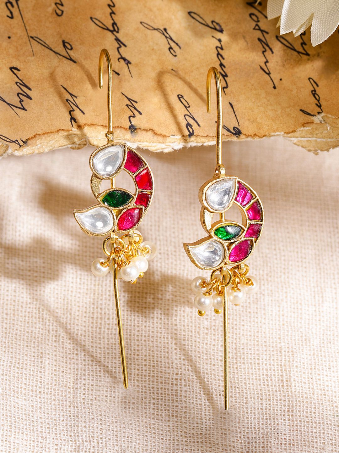 Dhiyona RJ Women's 22K Gold-Plated Ruby Pink, Emerald Green & White Kundan Studded Ear Cuff