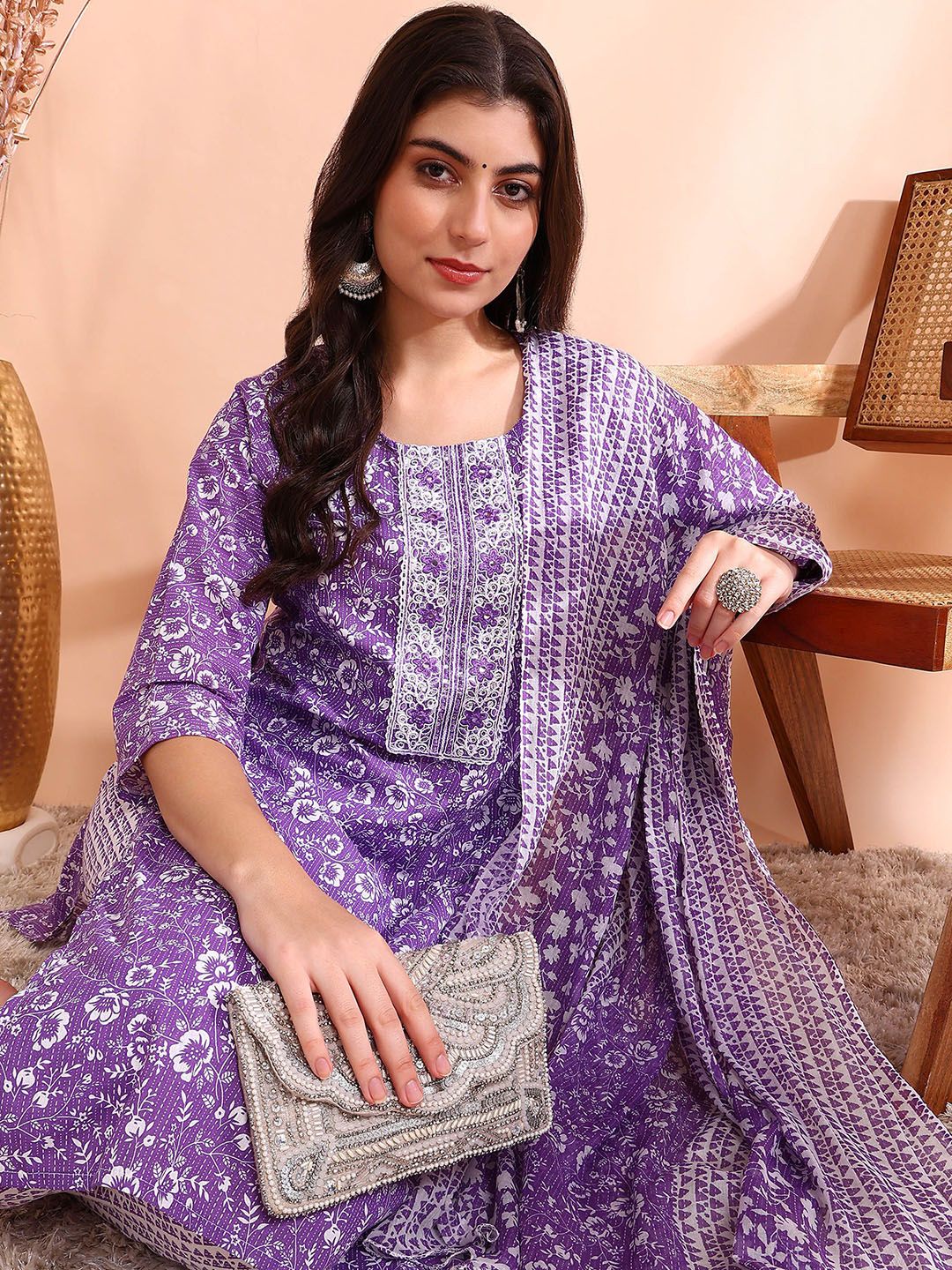Dhiyona OD Printed Mirror Work Pure Cotton Kurta With Trouser & Dupatta