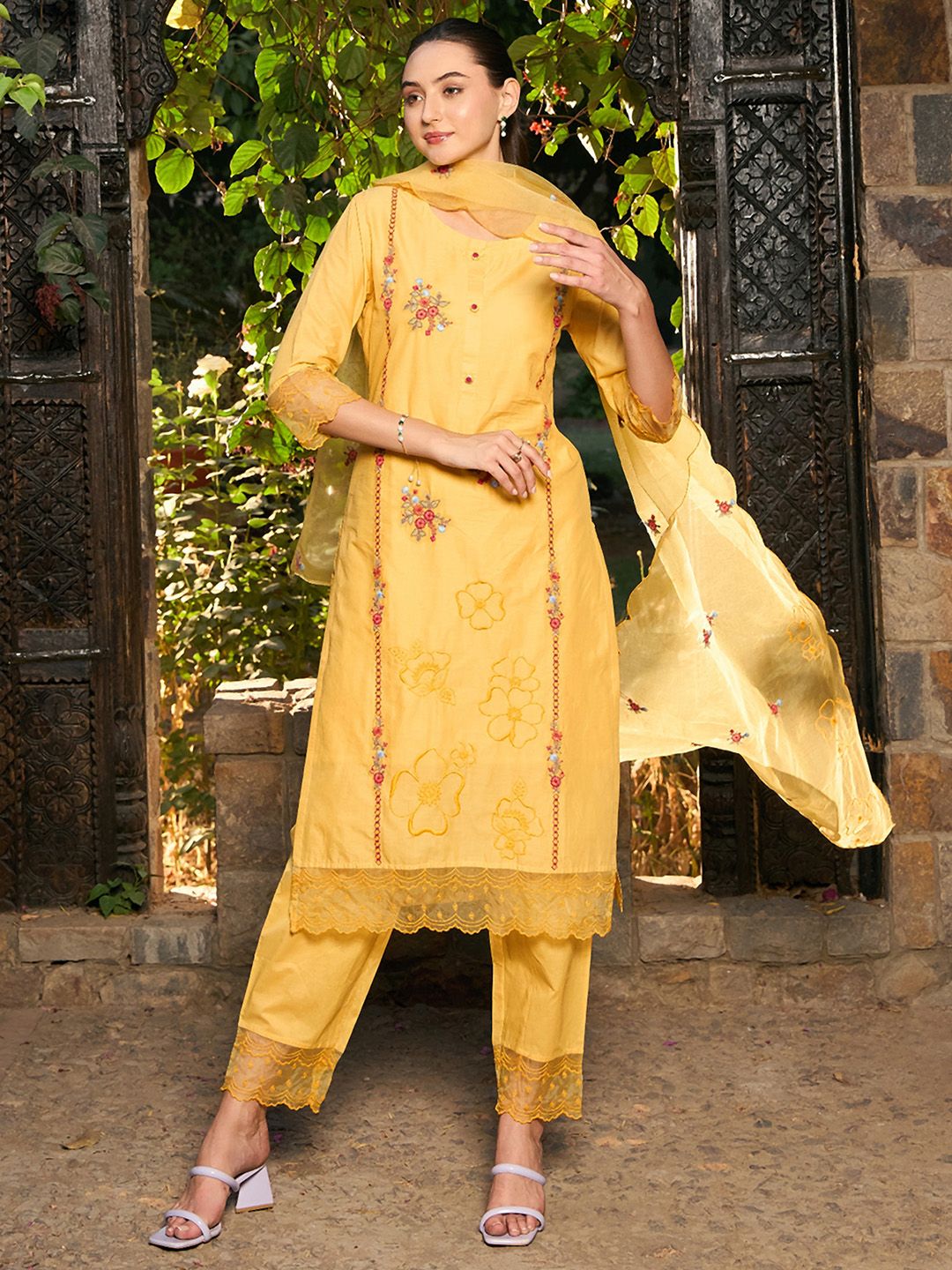 Floral Embroidered Pure Cotton Straight Kurta With Trousers & Dupatta