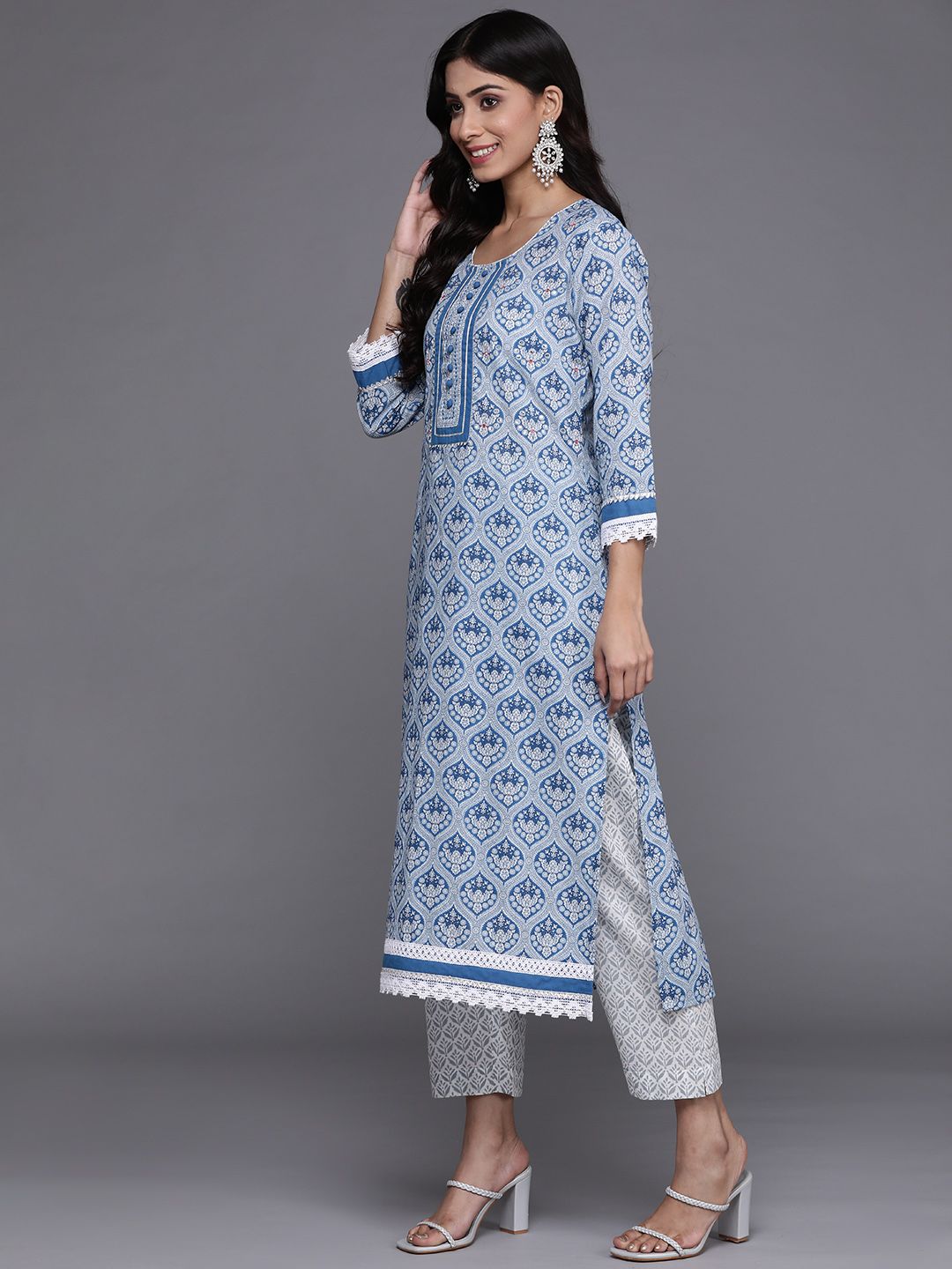 Dhiyona VA Women's Blue & Grey Ethnic Printed Pure Cotton Kurta with Trousers & Dupatta