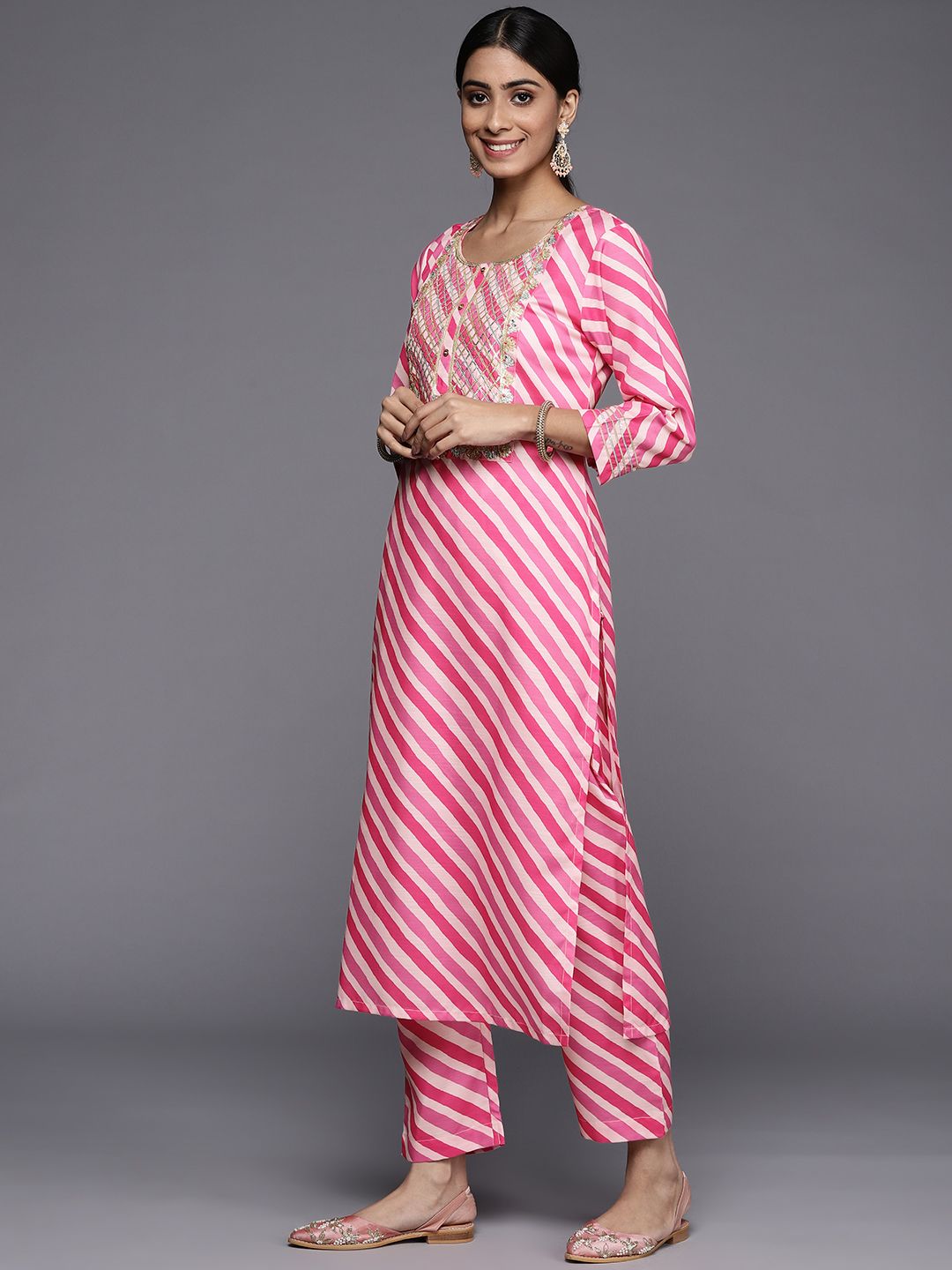 Dhiyona VA Women's Fuchsia Striped Gotta Patti Kurta with Trousers & With Dupatta