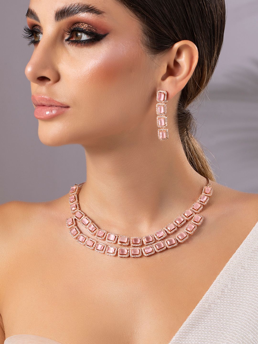 Dhiyona RJ Women's 22K Rose Gold-Plated Pink Gemstones & CZ Studded Handcrafted Jewellery Set