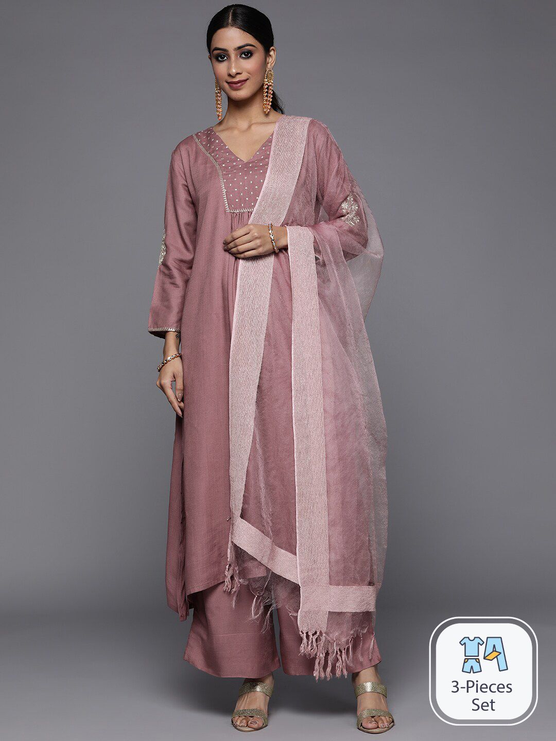 Dhiyona VA Women'sGeometric Embroidered A-Line Kurta with Palazzos & With Dupatta