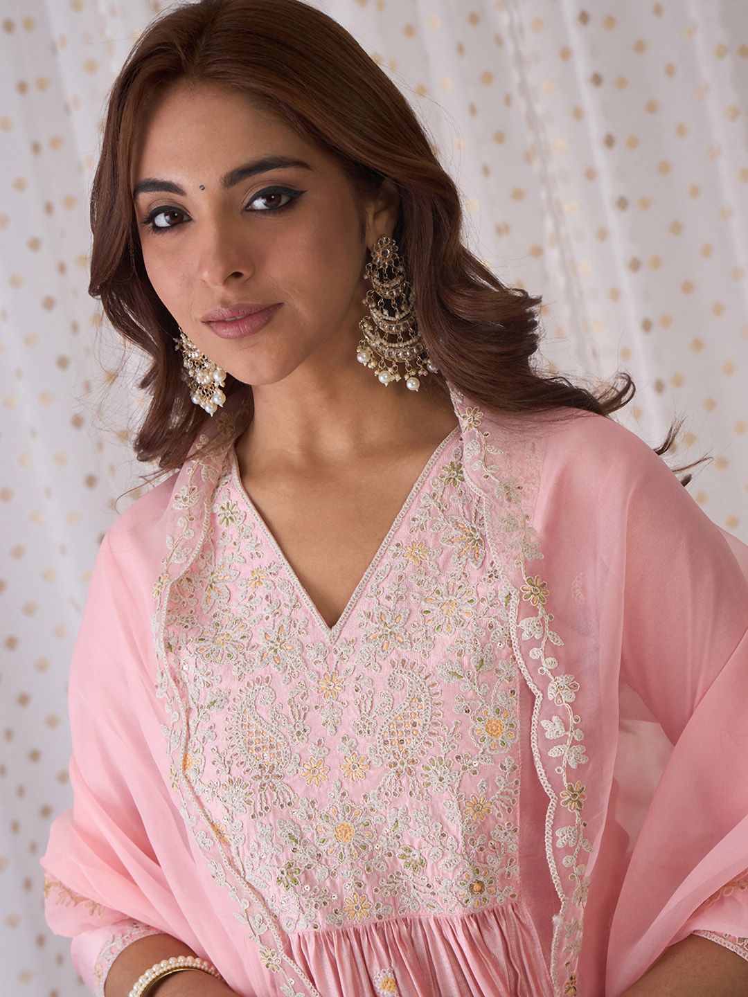 Dhiyona IE Pink Ethnic Motifs Embroidered Aari Work Kurta with Trousers & Dupatta