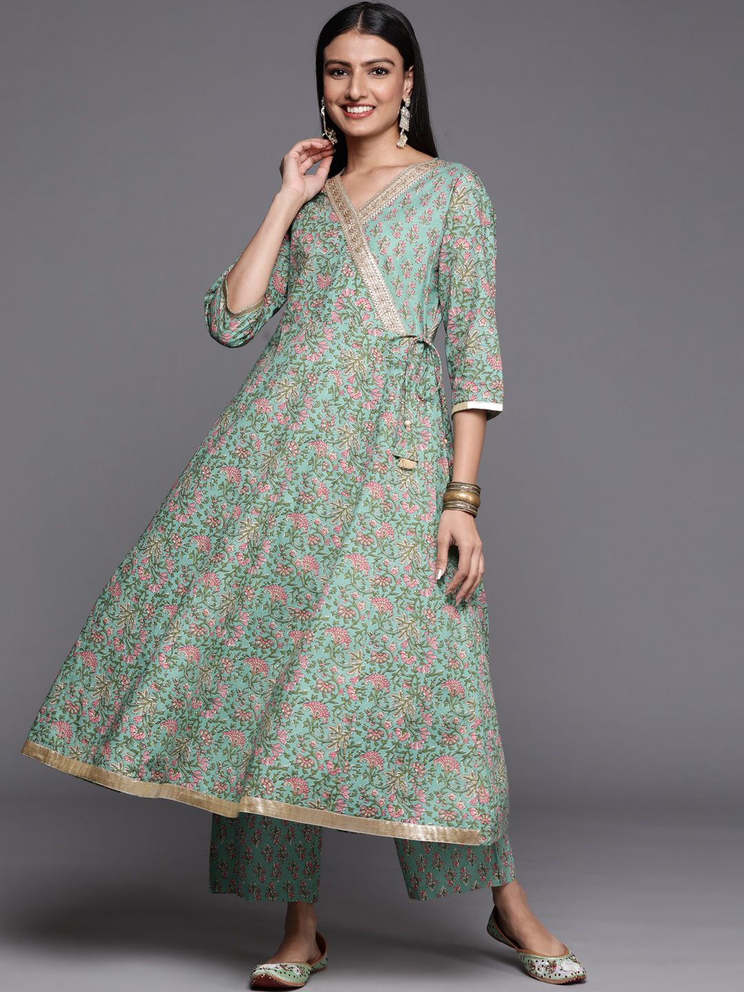 Dhiyona VA Women's Sea Green Floral Printed Angrakha Pure Cotton Kurta with Palazzos