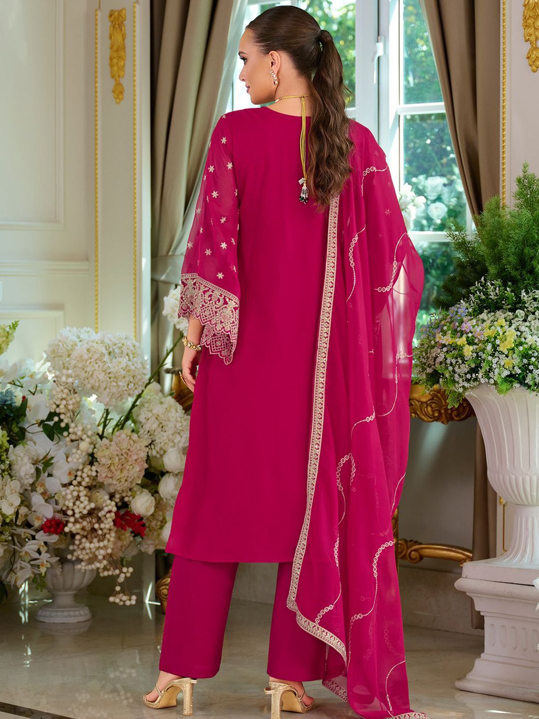 Dhiyona IE Women's Ethnic Motifs Embroidered Zari Kurta with Trousers & Dupatta