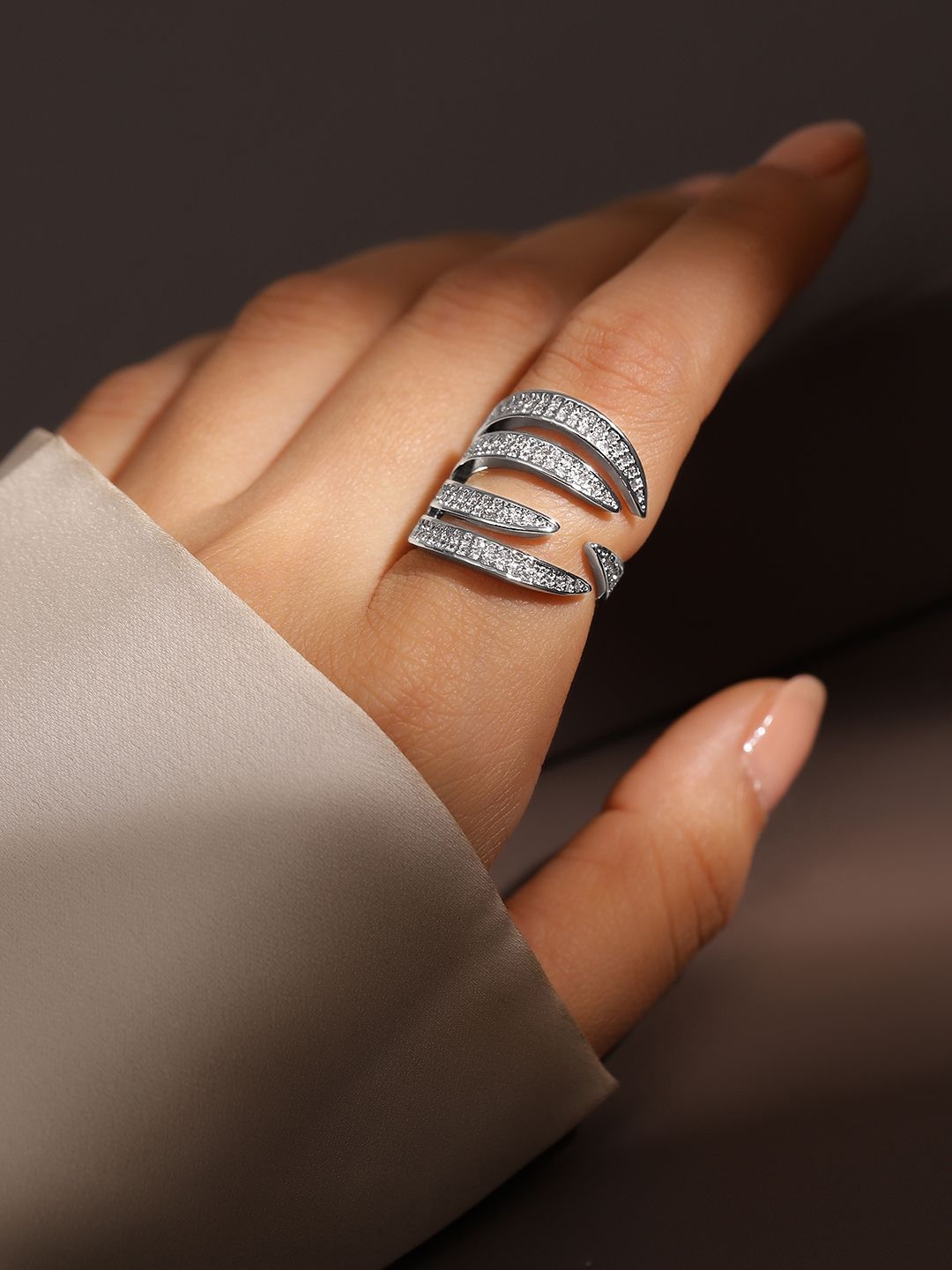Dhiyona RJ Women's Rhodium Plated Cubic Zirconia Studded Adjustable Statement Ring